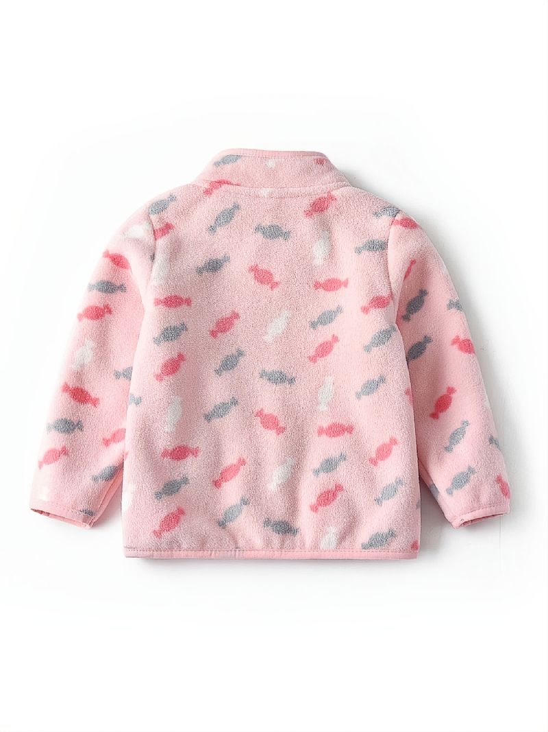 Piger New Thickened Fleece Stand Krave Jakke Med Candy Print Outwear For Winter Pink