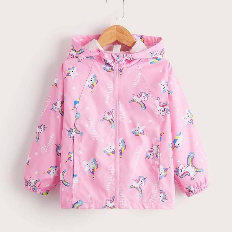 Piger Windbreaker Vandtæt Vindtæt Unicorn Print Hættejakke