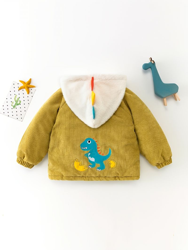 Småbørn Drenge Mode Dinosaur Print Plus Varm Hættejakke Med Lynlås I Fløjl