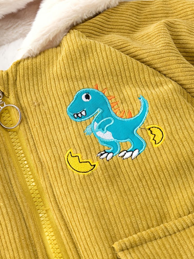 Småbørn Drenge Mode Dinosaur Print Plus Varm Hættejakke Med Lynlås I Fløjl