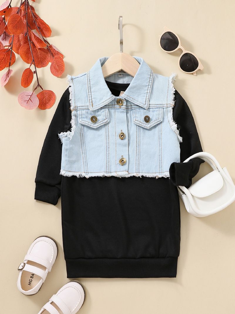 Toddler Piger Raw Cut Denim Vest Jakke & Kjole